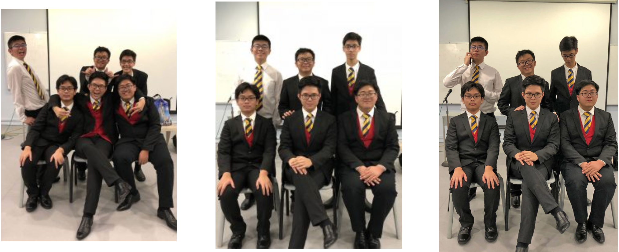 Three group photos of young men in dark suits with red and yellow striped ties, posed in two rows indoors.